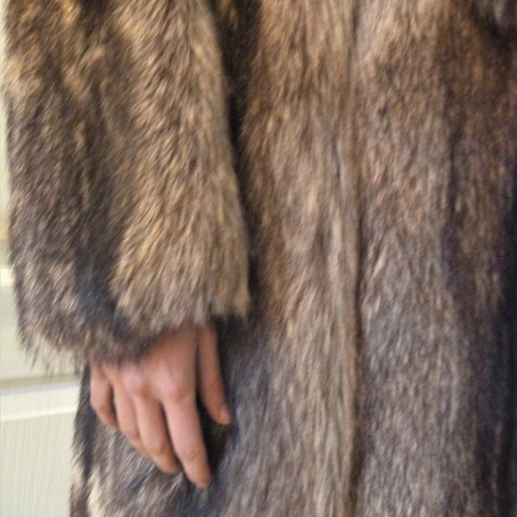 Long Racoon Real Fur Long Coat L Women Brown Gray USA Slit Ear Muffs Set - Picture 7 of 15
